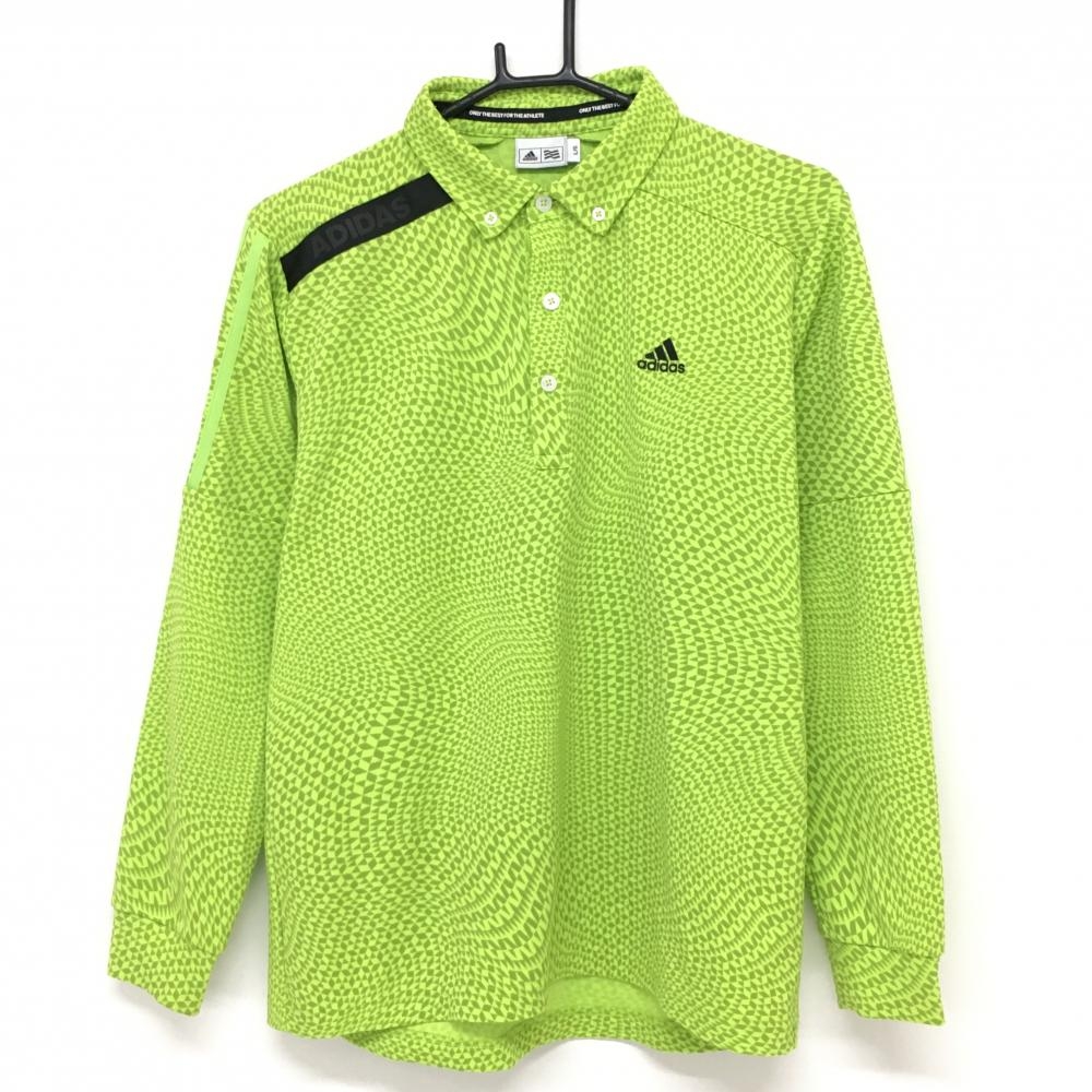 【超美品】アディダス 長袖ポロシャツ ライトグリーン×グレー 総柄 ボタンダウン　 メンズ L/G ゴルフウェア adidas
