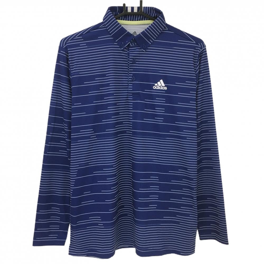 【超美品】アディダス 長袖ポロシャツ ネイビー×白 総柄 ボタンダウン メンズ L ゴルフウェア adidas