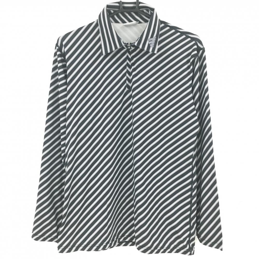 【美品】アディダス 長袖ポロシャツ 黒×グレー 斜めストライプ ハーフジップ  メンズ L/G ゴルフウェア adidas