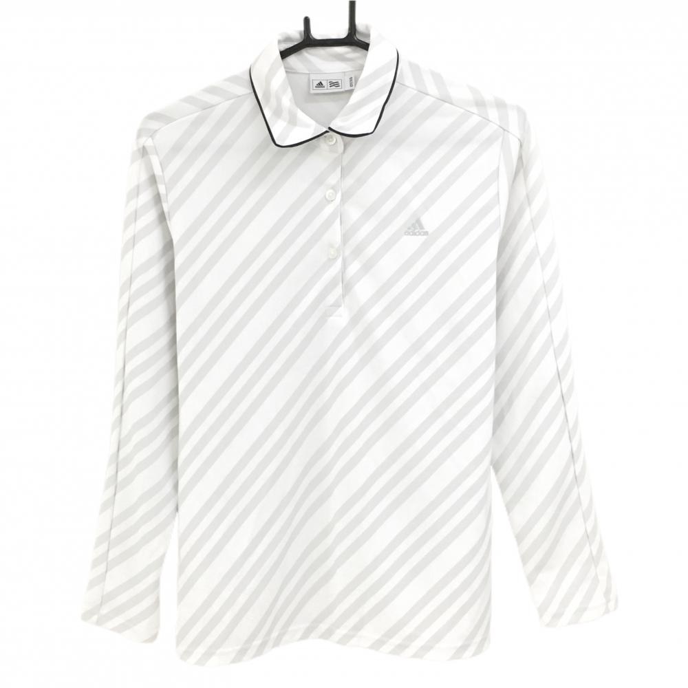 【美品】アディダス 長袖ポロシャツ 白×ライトグレー 斜めボーダー メンズ OT/XG ゴルフウェア adidas