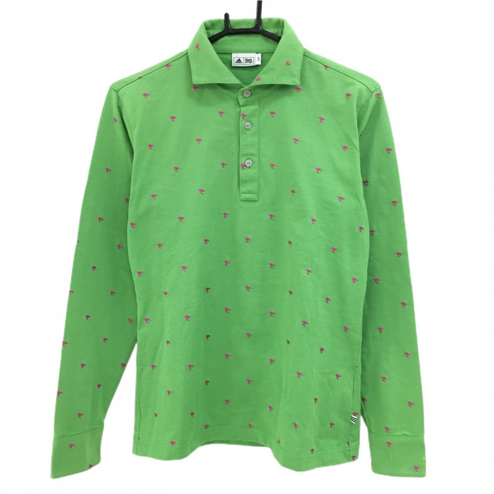 アディダス 長袖ポロシャツ ライトグリーン×ピンク 総柄 千鳥格子刺しゅう  メンズ S/P ゴルフウェア adidas