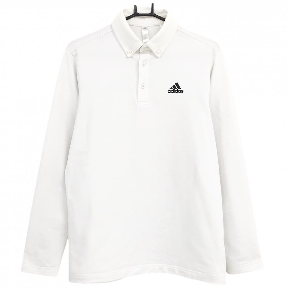 【美品】アディダス 長袖ポロシャツ 白×黒 背面3ライン ボタンダウン ロゴプリント  メンズ M ゴルフウェア adidas