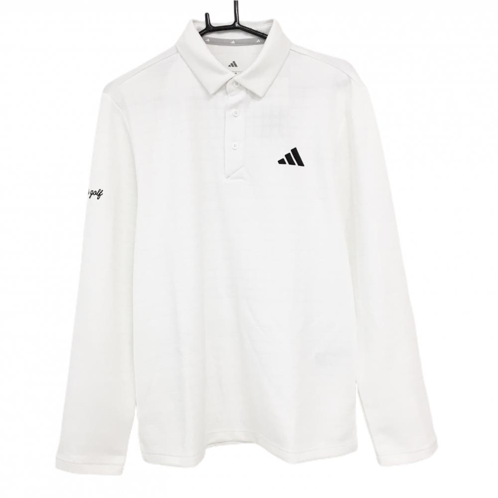 【新品】アディダス 長袖ポロシャツ 白 格子柄織生地 ロゴ黒 メンズ M ゴルフウェア adidas
