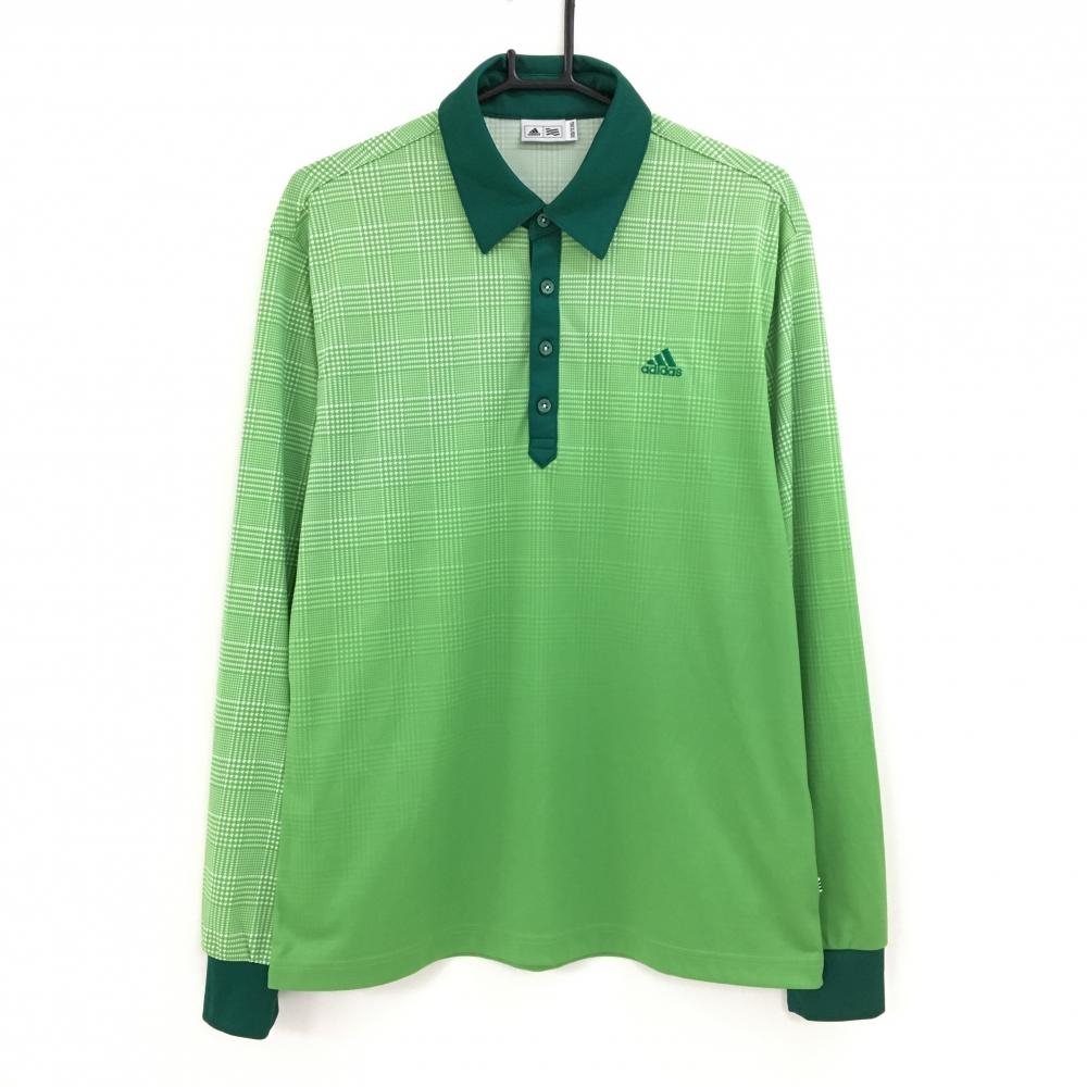 【超美品】アディダス 長袖ポロシャツ ライトグリーン×白 グレンチェック グラデーション メンズ XO/XXL ゴルフウェア adidas