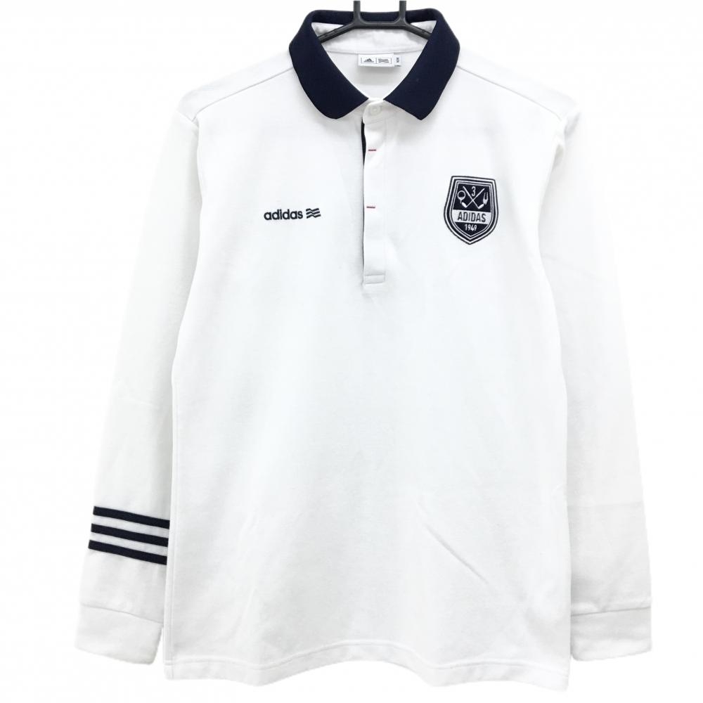 アディダス 長袖ポロシャツ 白×ネイビー 胸元ロゴ  メンズ M/M ゴルフウェア adidas
