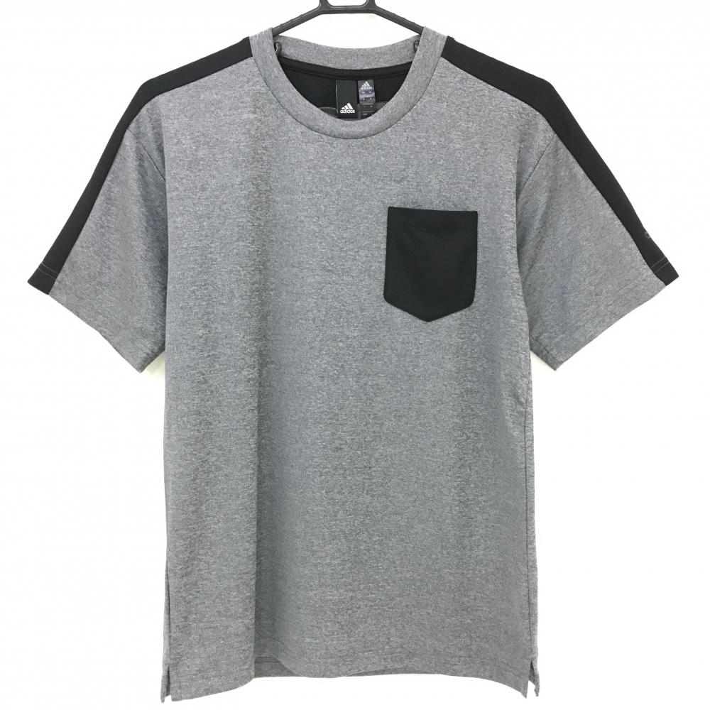 【超美品】アディダス Tシャツ グレー×黒 袖ロゴプリント 胸ポケット メンズ S ゴルフウェア adidas