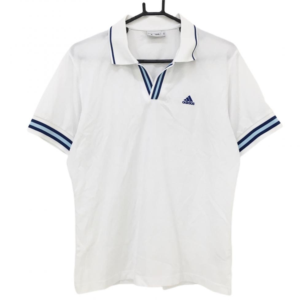 アディダス 半袖スキッパーシャツ 白×ブルー 前立て・袖口ライン  メンズ L/G ゴルフウェア adidas
