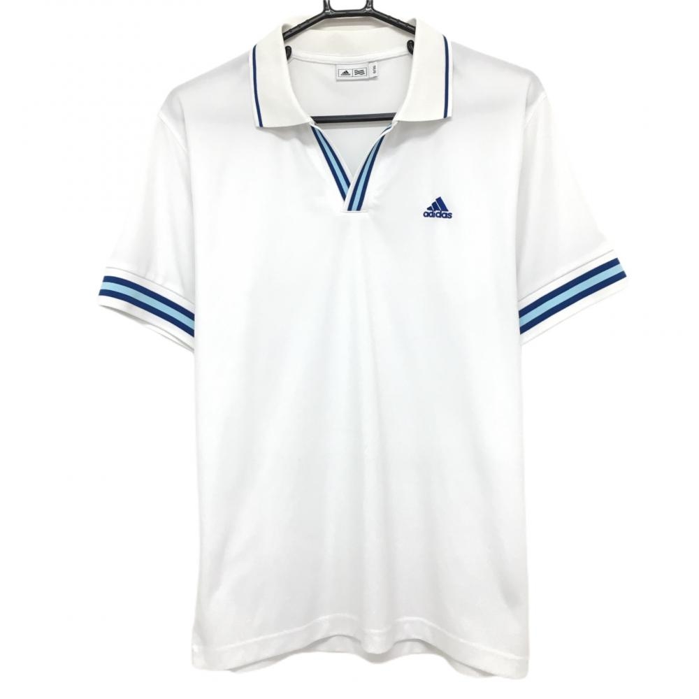 アディダス 半袖スキッパーシャツ 白×ブルー リブライン ロゴ刺しゅう  メンズ O/XG ゴルフウェア adidas