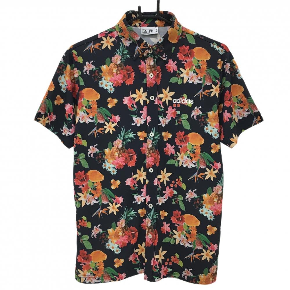 【美品】アディダス 半袖シャツ 黒×マルチカラー 花柄 メンズ M/M ゴルフウェア adidas