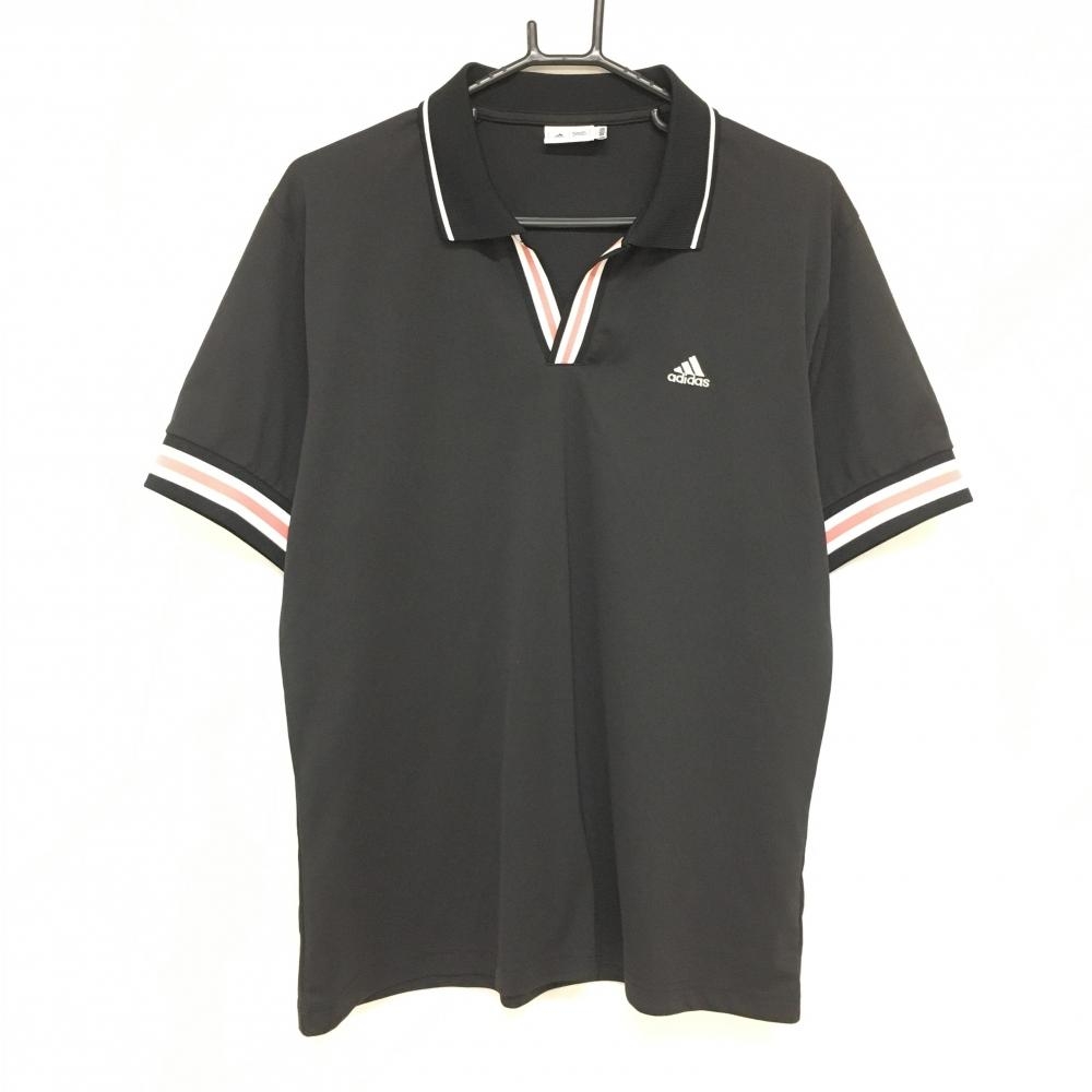 【超美品】アディダス 半袖スキッパーシャツ 黒×白×ピンク 袖・襟ライン ロゴ刺しゅう メンズ XO/XXG ゴルフウェア 大きいサイズ adidas
