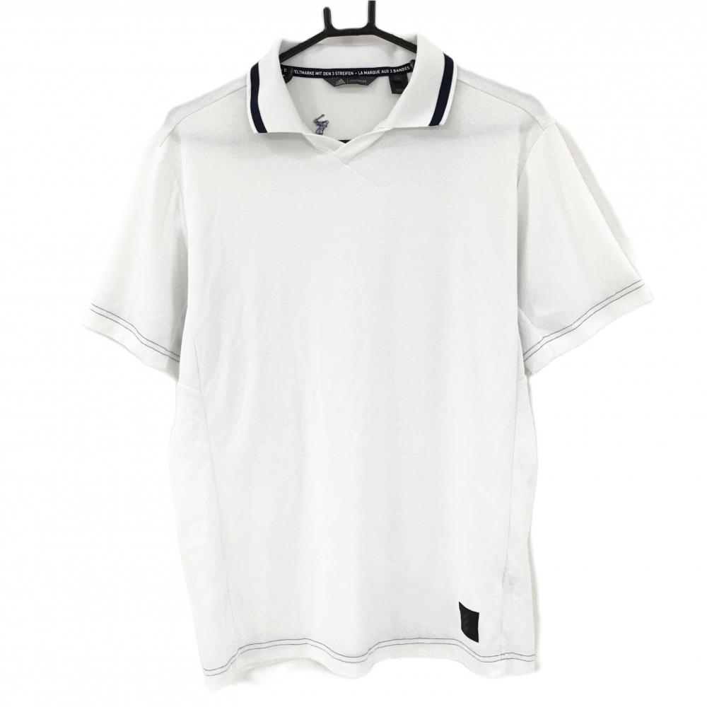 【超美品】アディダス 半袖スキッパーシャツ 白×ネイビー 襟ライン 後ろネック下刺しゅう メンズ L ゴルフウェア adidas