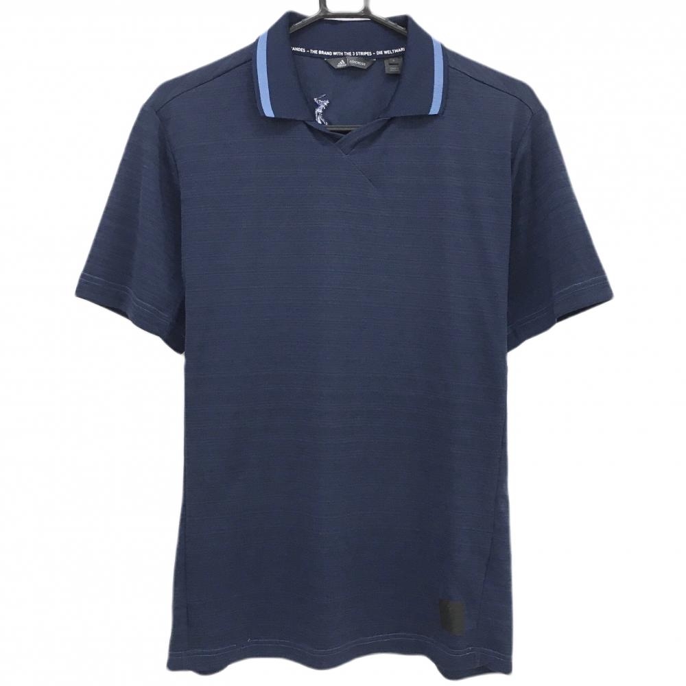 【美品】アディダス 半袖スキッパーシャツ 杢ネイビー×ブルー 襟ライン バックプリント メンズ L ゴルフウェア adidas
