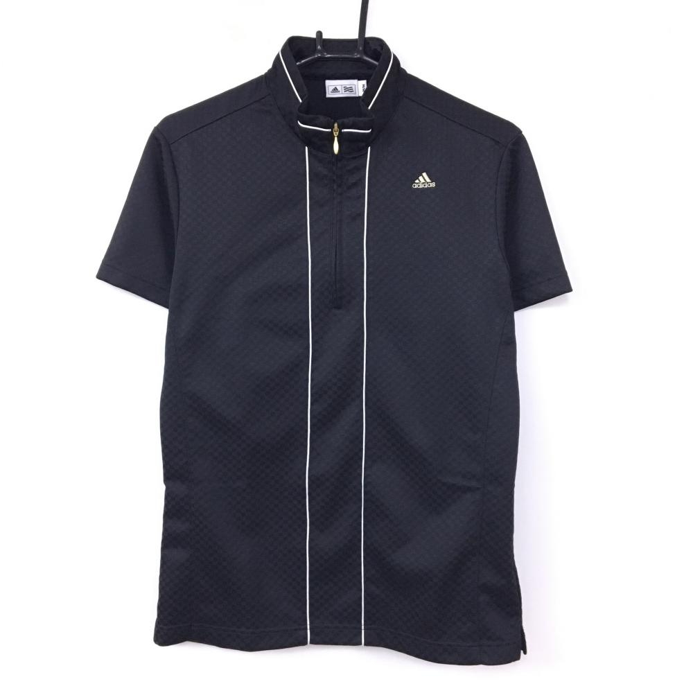 【美品】adidas アディダス 半袖ハイネックシャツ 黒 ブロックチェック地模様 ハーフジップ メンズ M/M ゴルフウェア