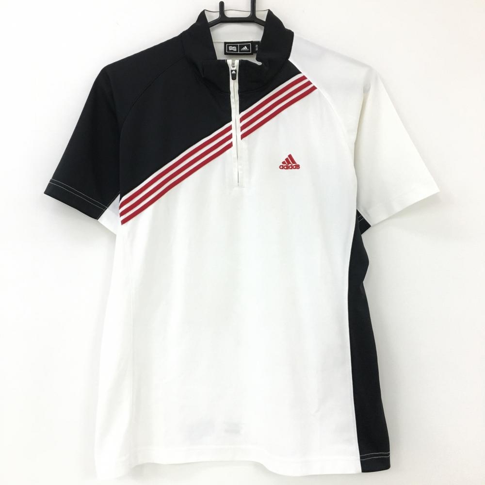 【美品】アディダス 半袖ハイネックシャツ 白×黒×レッド 斜め切替 3ライン メンズ M/M ゴルフウェア adidas