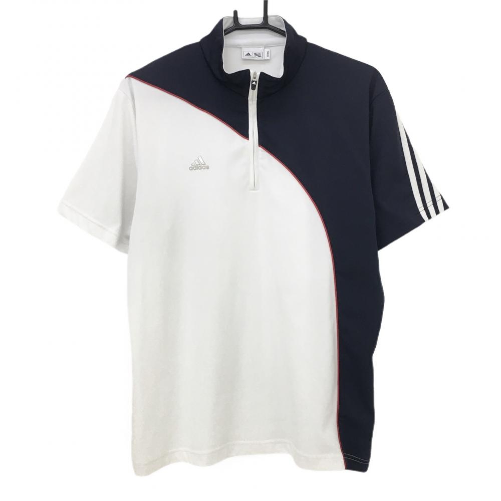 アディダス 半袖ハイネックシャツ 白×ネイビー ハーフジップ 斜め切替  メンズ O/XG ゴルフウェア adidas