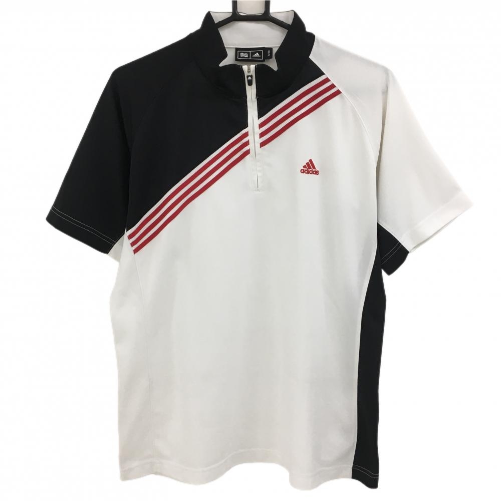 【超美品】アディダス 半袖ハイネックシャツ 白×黒 ロゴ赤 ハーフジップ 斜め3ライン メンズ O/XG ゴルフウェア adidas