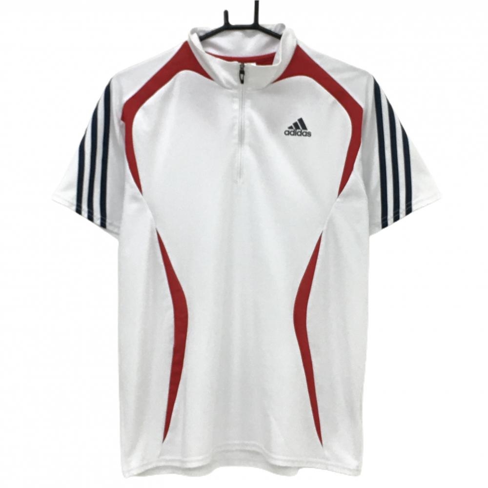 アディダス 半袖ハイネックシャツ 白×ネイビー×レッド ハーフジップ メンズ O ゴルフウェア adidas