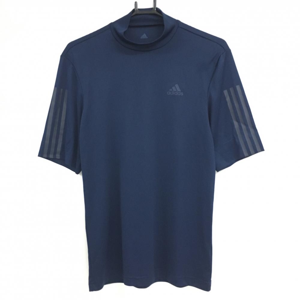 アディダス 半袖ハイネックシャツ ネイビー 袖3ライン 胸元ロゴ メンズ M ゴルフウェア adidas