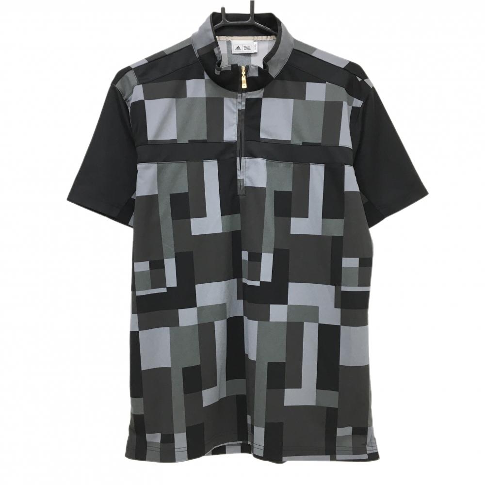 【超美品】アディダス 半袖ハイネックシャツ グレー×黒 総柄 ハーフジップ メンズ O/XG ゴルフウェア adidas