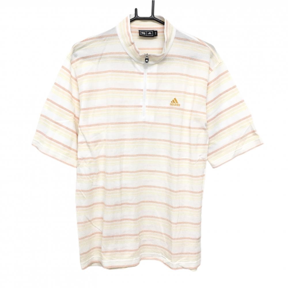 【超美品】アディダス 半袖ハイネックシャツ 白×オレンジ ボーダー ハーフジップ ロゴ刺しゅう メンズ O/XG ゴルフウェア adidas