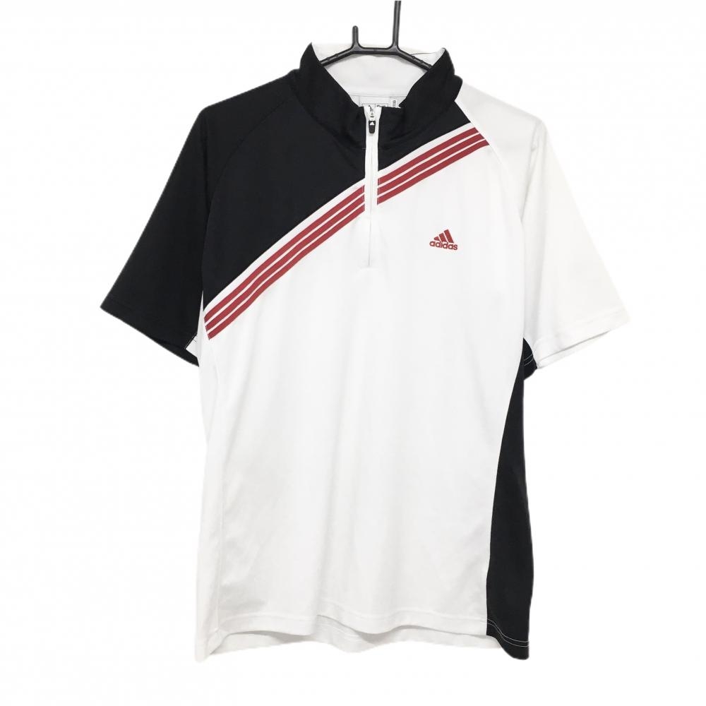 【超美品】アディダス 半袖ハイネックシャツ 白×黒 斜め3ライン ハーフジップ  メンズ XO/XXG ゴルフウェア 大きいサイズ adidas