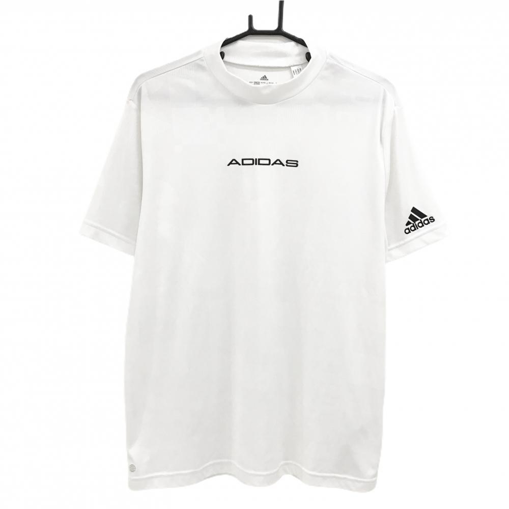 【美品】アディダス 半袖ハイネックシャツ 白 地模様 ロゴ黒  メンズ L ゴルフウェア adidas