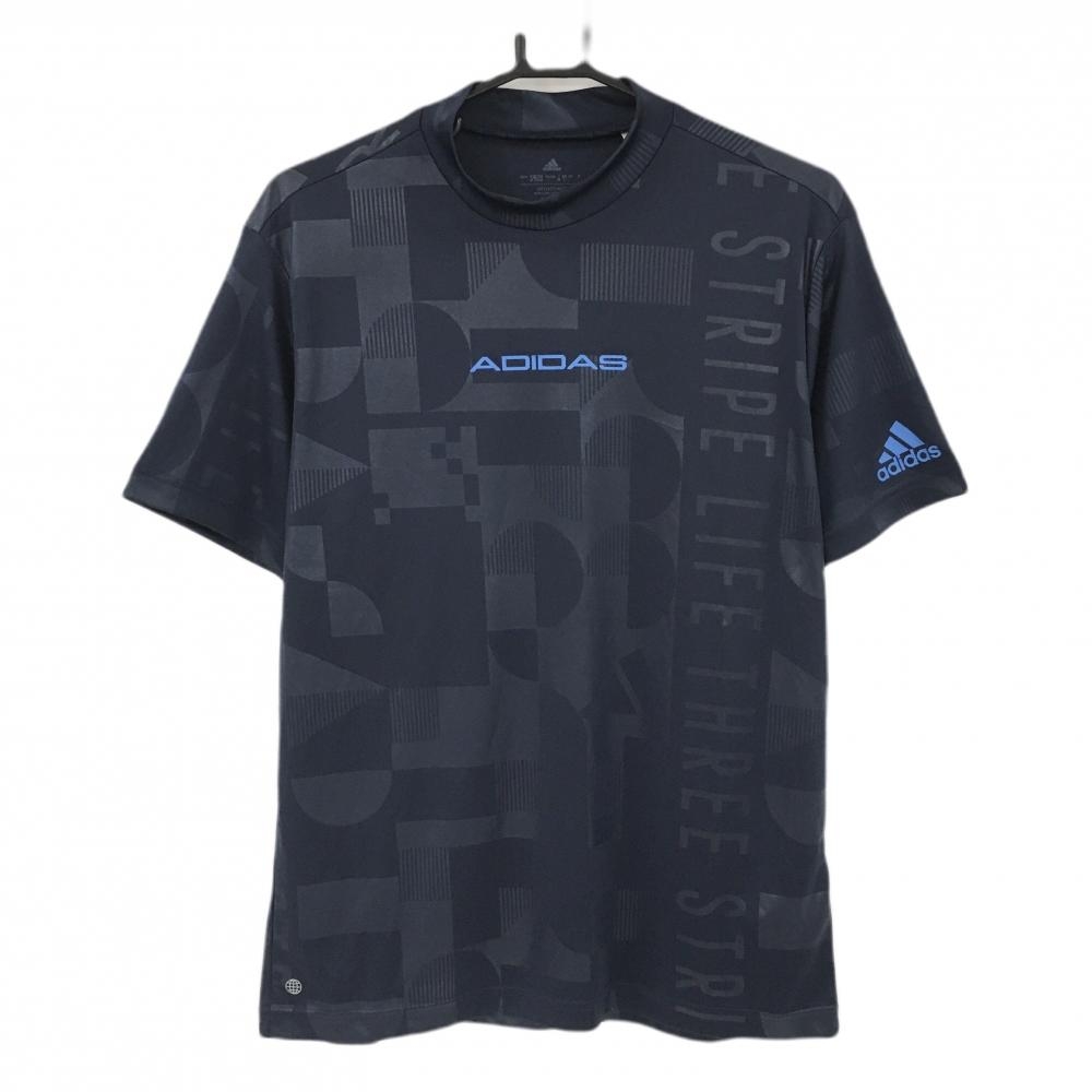 【超美品】アディダス 半袖ハイネックシャツ ネイビー 総柄地模様 ロゴブルー メンズ J/L ゴルフウェア adidas