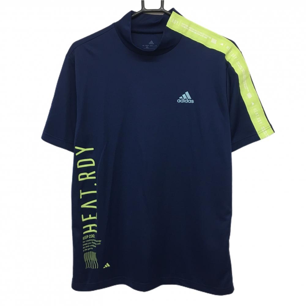 【超美品】アディダス 半袖ハイネックシャツ ネイビー×ライトグリーン 袖ライン 地模様 メンズ L ゴルフウェア adidas