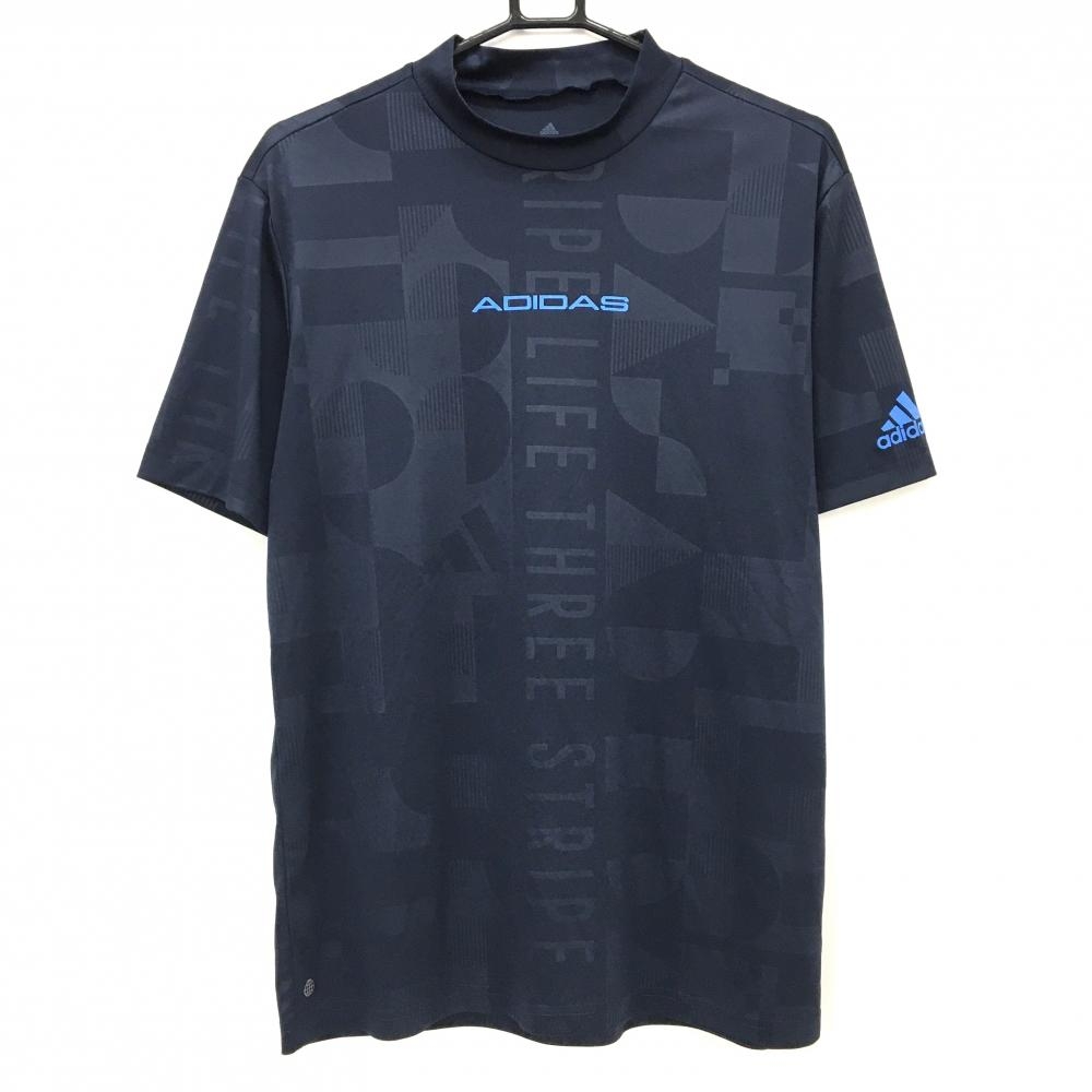 【美品】アディダス 半袖ハイネックシャツ ネイビー×ブルー 総柄地模様 ロゴプリント  メンズ 0 ゴルフウェア adidas