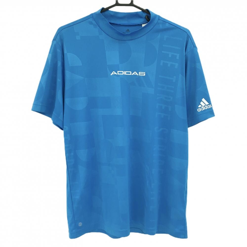 【超美品】アディダス 半袖ハイネックシャツ ブルー×白 総柄地模様 ロゴプリント メンズ J/O ゴルフウェア adidas