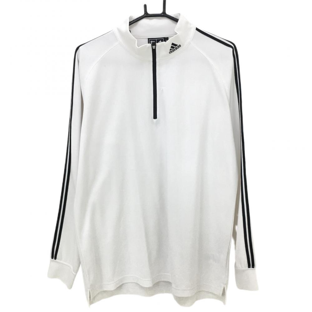 アディダス 長袖ハイネックシャツ 白×黒 ハーフジップ ネックロゴ刺しゅう 肩・袖3ライン  メンズ L/G ゴルフウェア adidas
