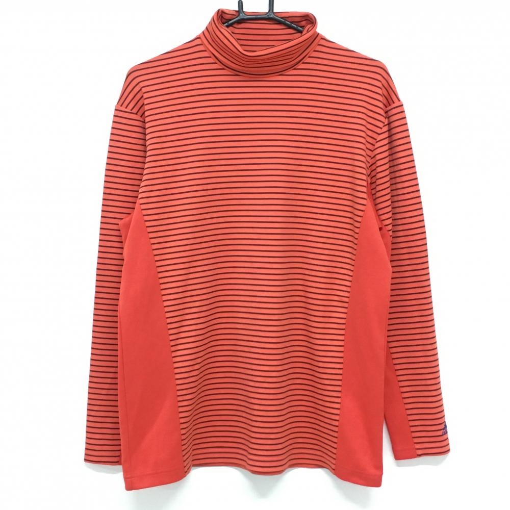 アディダス 長袖タートルネックシャツ レッド×黒 ボーダー柄 ロゴ刺しゅう メンズ L ゴルフウェア adidas