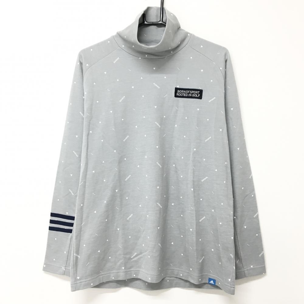 【美品】アディダス 長袖タートルネックシャツ ライトグレー×白 総柄 袖3ライン メンズ L/G ゴルフウェア adidas