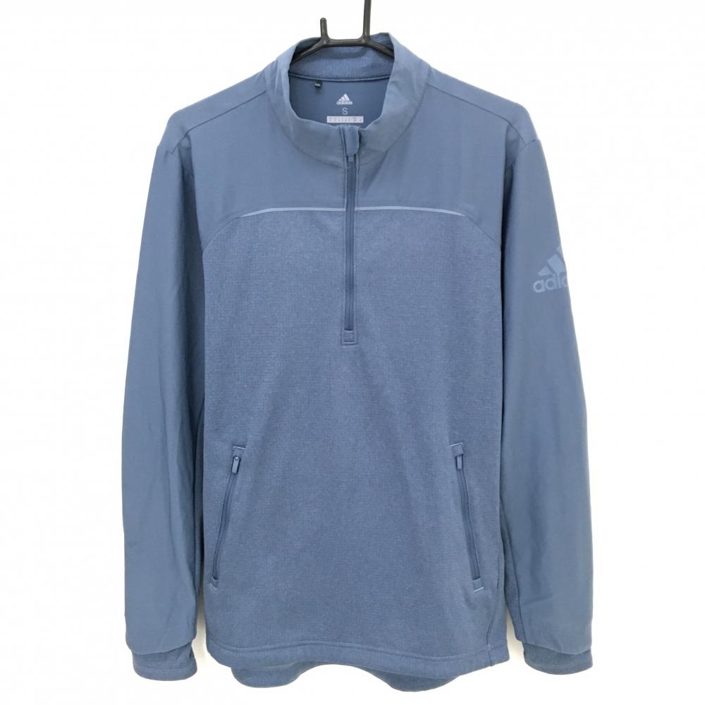 【美品】アディダス 長袖ハイネックシャツ ライトネイビー 袖ロゴプリント ハーフジップ メンズ S ゴルフウェア adidas