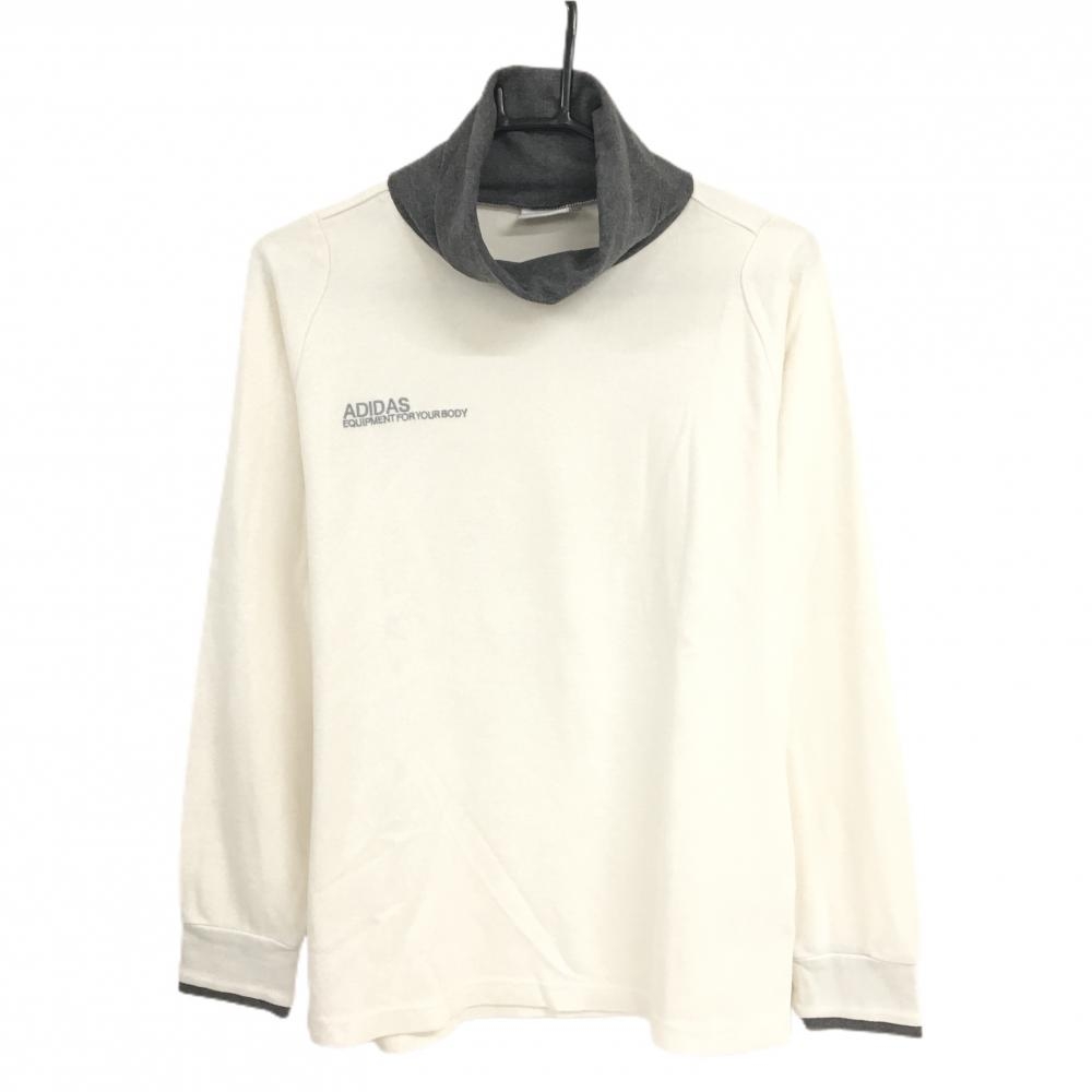 アディダス 長袖タートルネックシャツ 白×グレー 表微起毛 ネック裏ロゴプリント メンズ L ゴルフウェア adidas