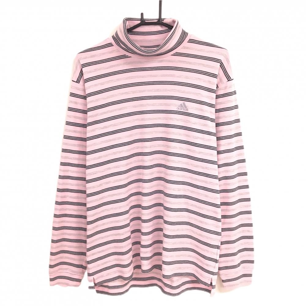 アディダス 長袖タートルネックシャツ ピンク×黒 ボーダー ロゴ刺しゅう メンズ XL ゴルフウェア adidas