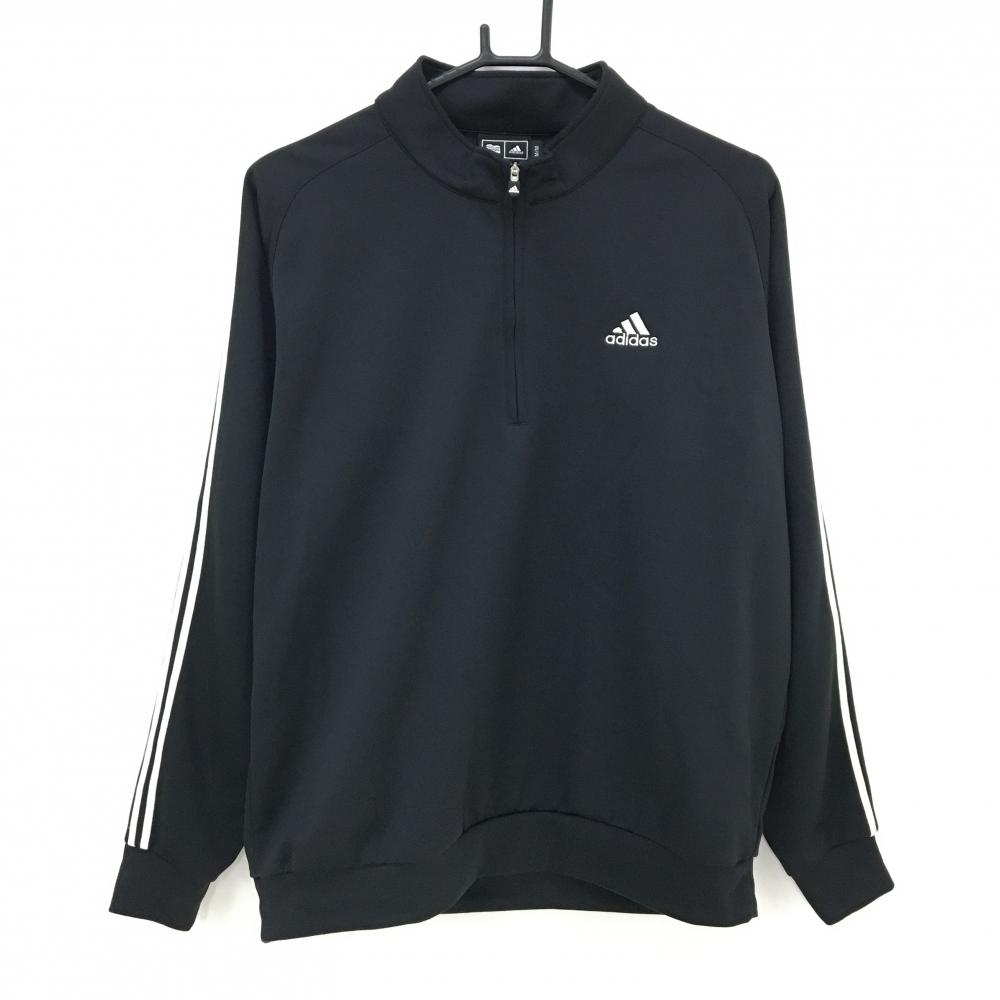 アディダス 長袖ハイネックシャツ 黒×白 ハーフジップ 3ライン ロゴ刺しゅう  メンズ M/M ゴルフウェア adidas