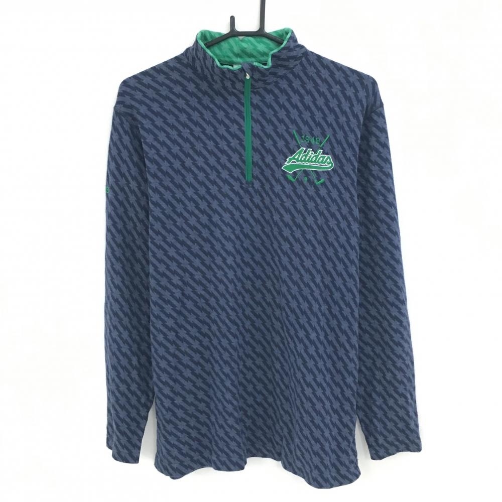 【美品】アディダス 長袖ハイネックシャツ ネイビー 総柄 ハーフジップ 微起毛  メンズ O ゴルフウェア adidas