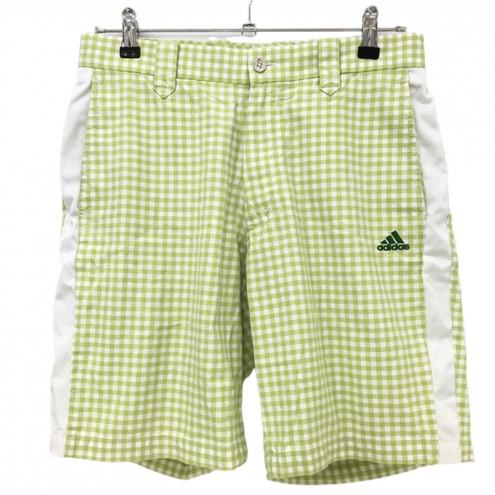 【超美品】アディダス ハーフパンツ ライトグリーン×白 ギンガムチェック ロゴ刺しゅう メンズ 79 ゴルフウェア adidas