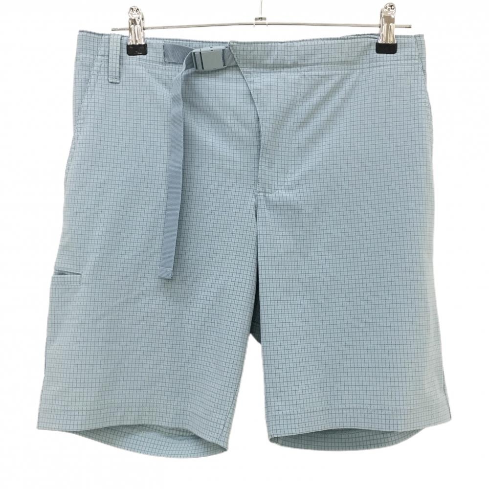 【超美品】アディダス ハーフパンツ ライトブルー×ネイビー 格子チェック ストレッチ ウエスト調節ベルト付 メンズ M ゴルフウェア adidas