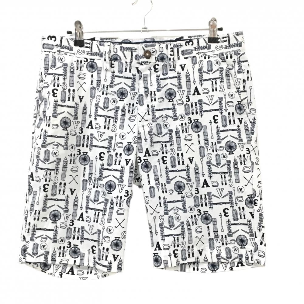 【美品】アディダス ハーフパンツ 白×ネイビー 総柄 ロンドンストレッチ メンズ XO/XXG ゴルフウェア adidas