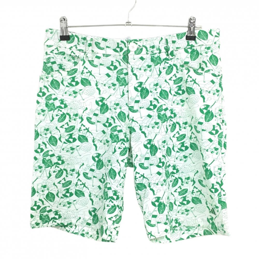 【美品】アディダス ハーフパンツ 白×グリーン 総柄 サッカー生地 ワッペン  メンズ 85 ゴルフウェア adidas