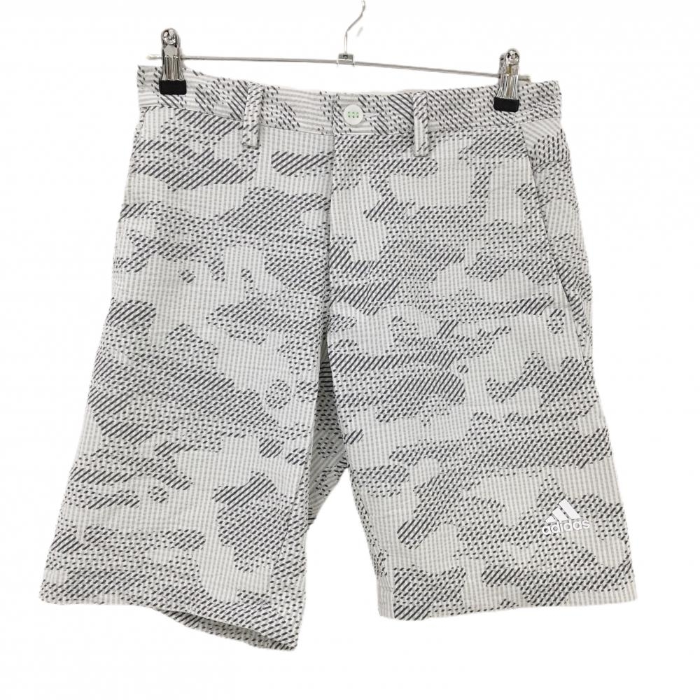 【美品】アディダス ハーフパンツ 白×グレー 総柄 ストライプ サッカー生地 ストレッチ  メンズ M ゴルフウェア adidas