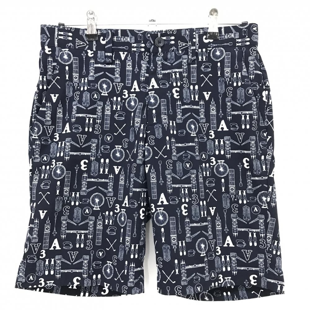 【超美品】アディダス ハーフパンツ ネイビー×白 総柄 ストレッチ  メンズ M/M ゴルフウェア adidas