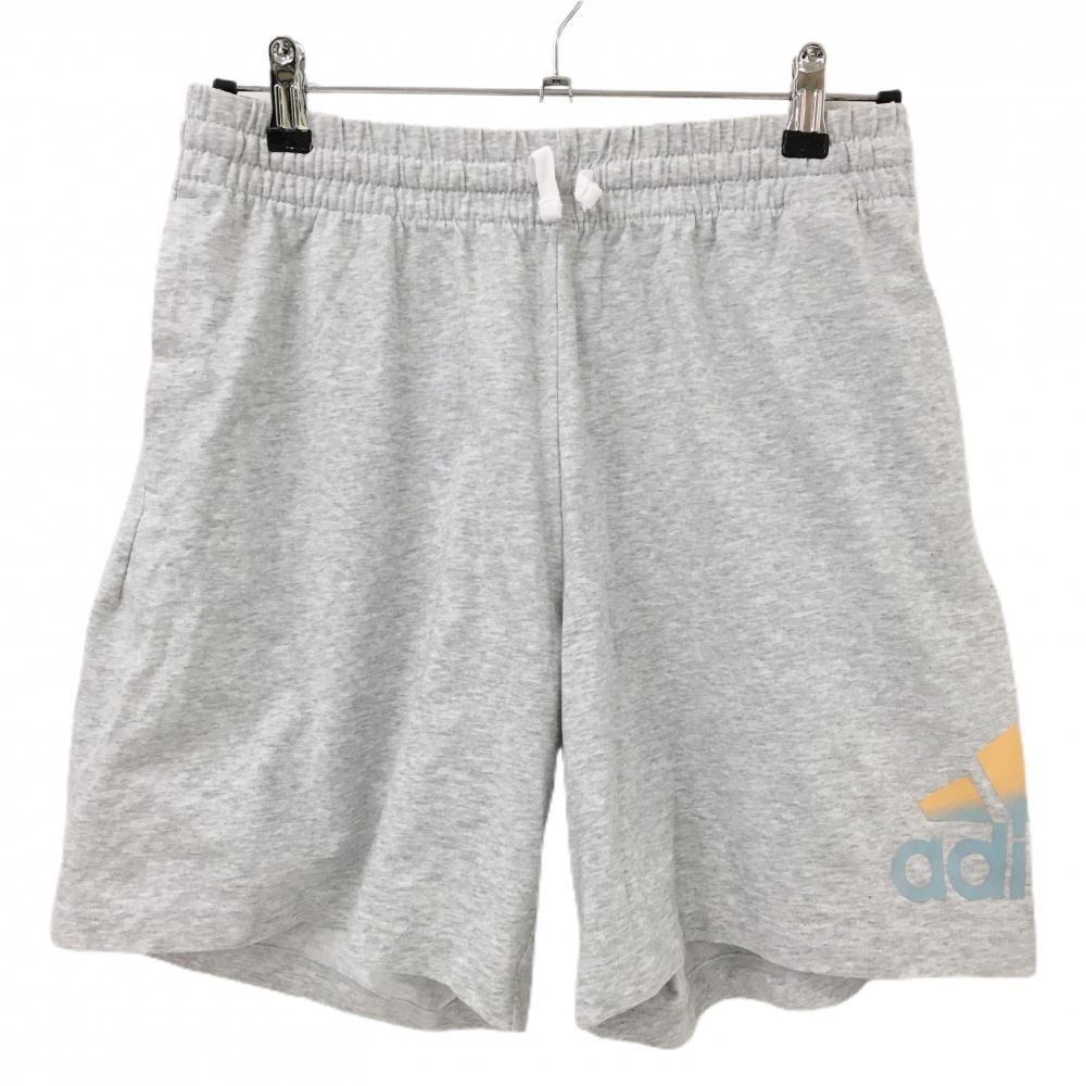 【超美品】アディダス ハーフパンツ 杢グレー ビッグロゴプリント ウエストゴム 調節紐 メンズ O ゴルフウェア adidas