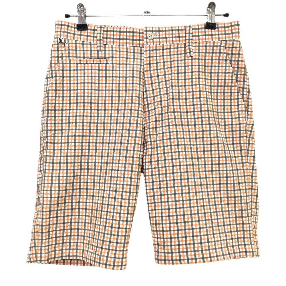 【超美品】アディダス ハーフパンツ 白×オレンジ×ダークグレー チェック柄 サッカー生地 バックロゴ メンズ M/M ゴルフウェア adidas