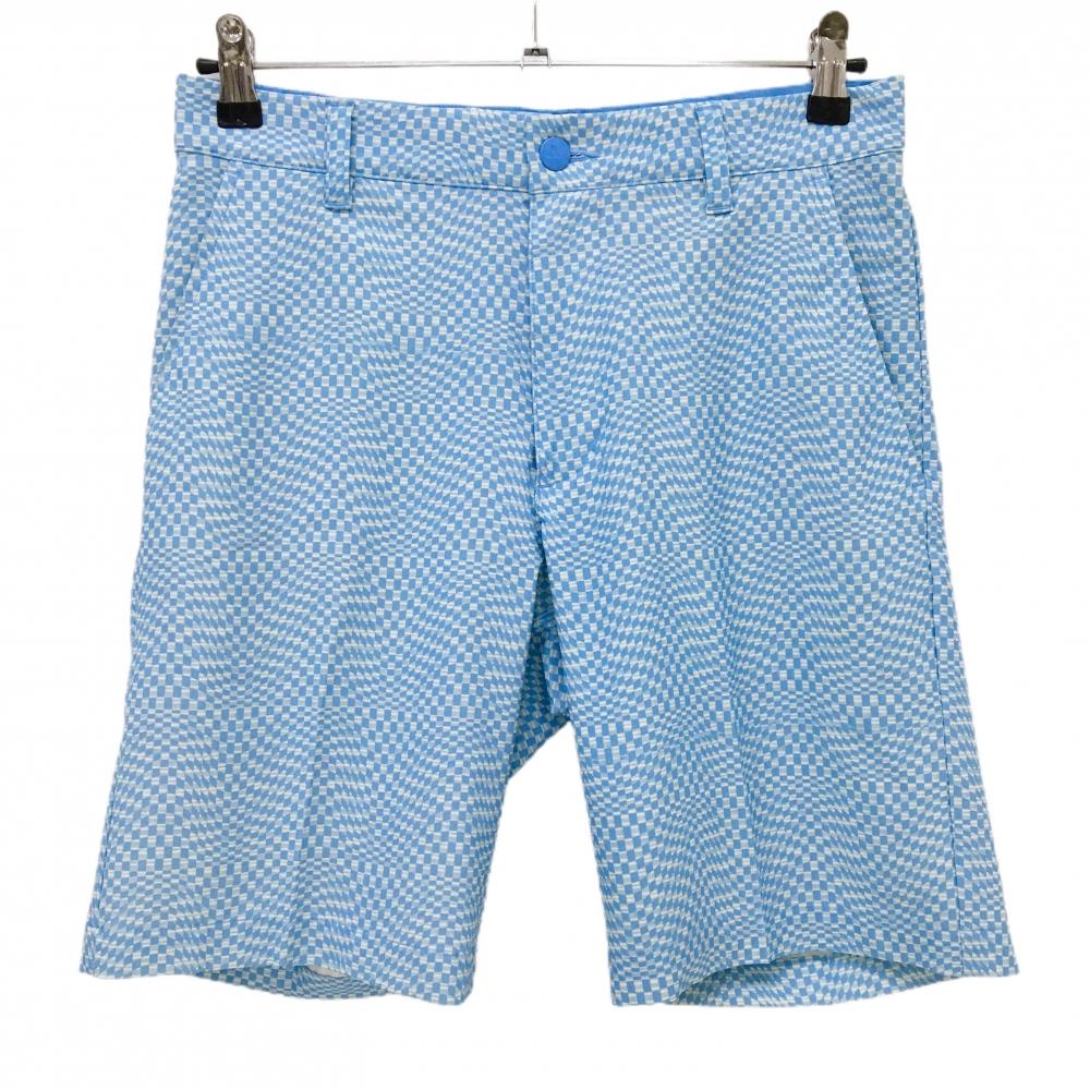 【美品】アディダス ハーフパンツ ライトブルー×白 総柄 バックロゴ  メンズ 76 ゴルフウェア adidas