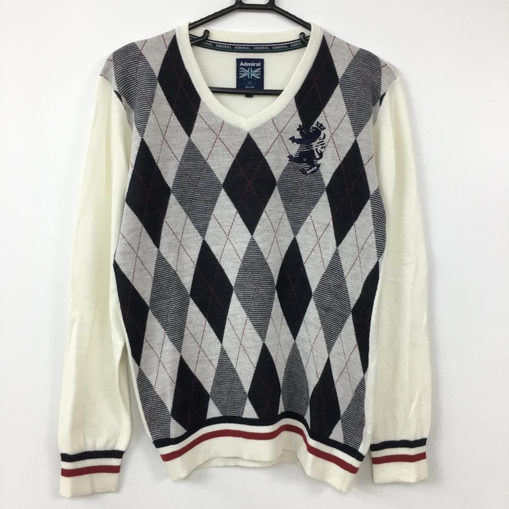【美品】Admiral アドミラル 長袖ニットセーター 白×ダークネイビー 前アーガイル柄 ウール混 ビッグロゴ Vネック  メンズ M ゴルフウェア