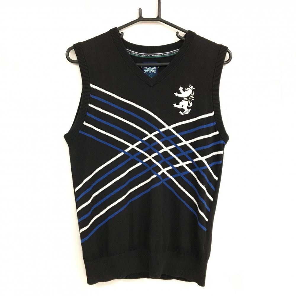 アドミラル ベスト 黒×ブルー×白 前面ライン交差柄 コットン混  メンズ M ゴルフウェア Admiral