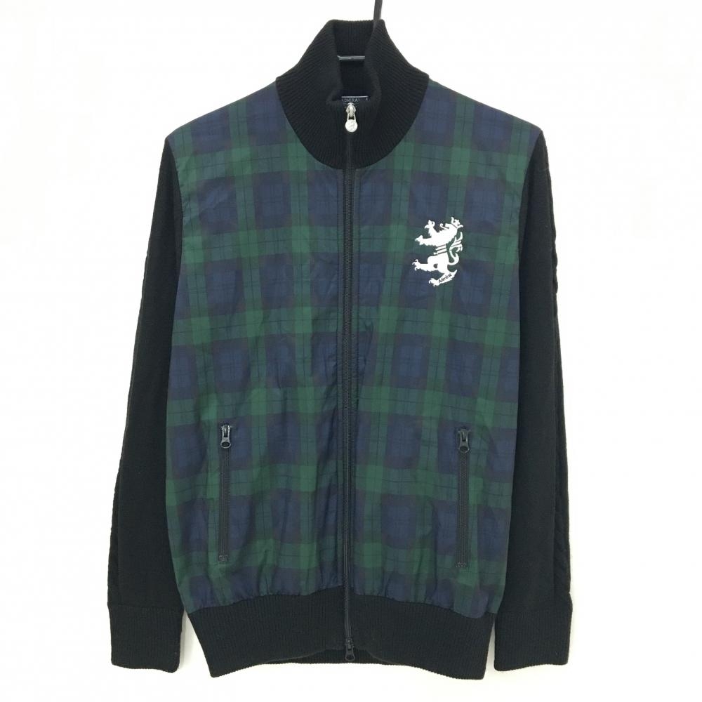 アドミラル 切替ニットジャケット グリーン×黒 前身頃チェック ウール混 メンズ L ゴルフウェア Admiral